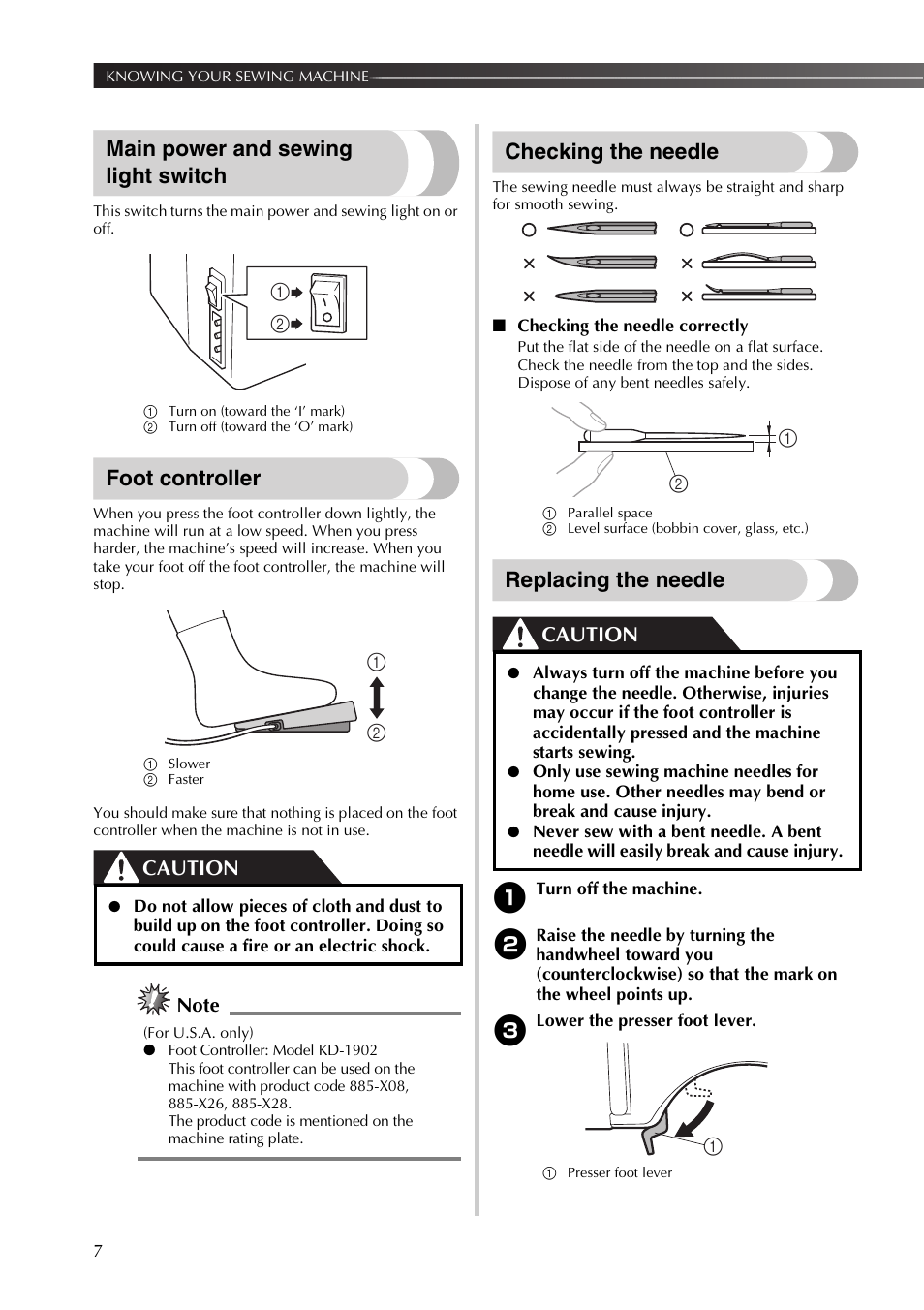 Main power and sewing light switch, Foot controller, Checking the needle | Replacing the needle, Caution | Brother 885-X16 User Manual | Page 8 / 104