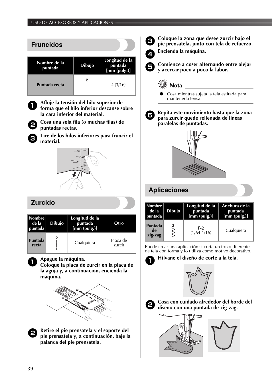 Fruncidos, Zurcido, Aplicaciones | Nota | Brother 885-X16 User Manual | Page 90 / 104