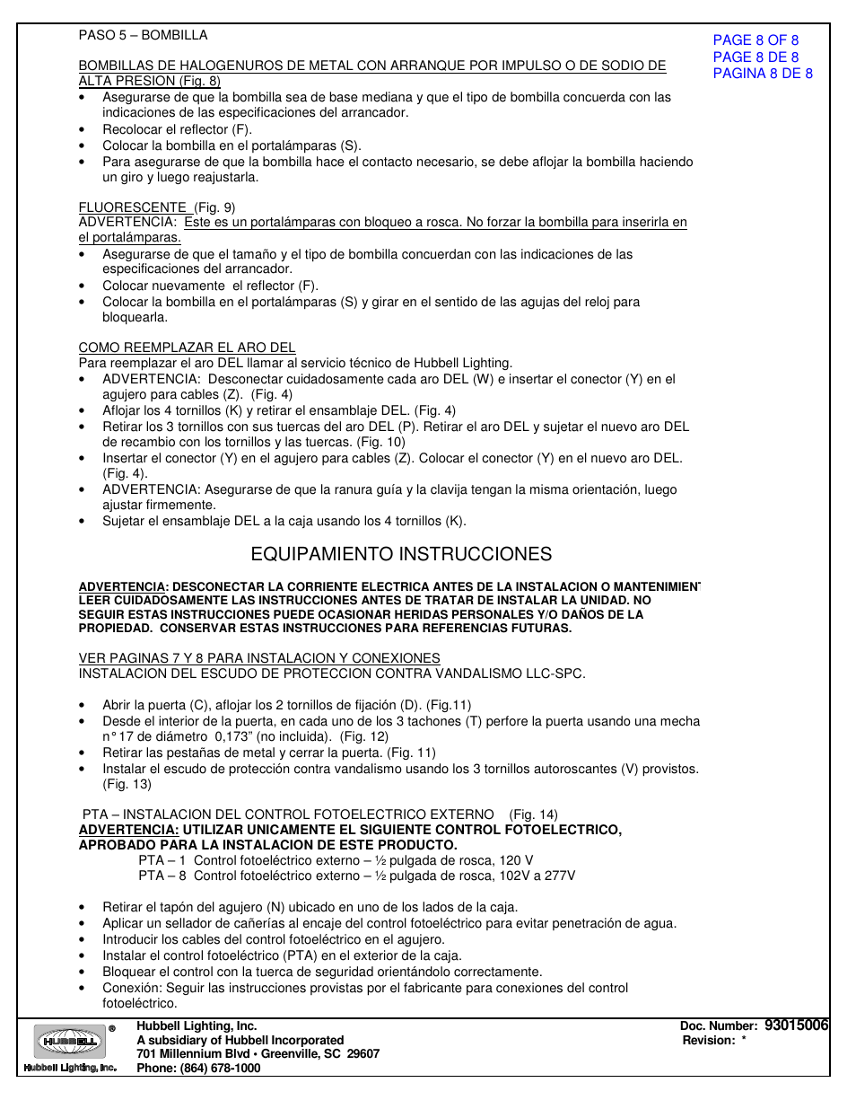 Equipamiento instrucciones | Spaulding Lighting Laredo LCC User Manual | Page 8 / 8