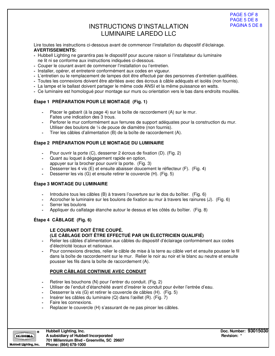Instructions d’installation luminaire laredo llc | Spaulding Lighting Laredo LLC User Manual | Page 5 / 8