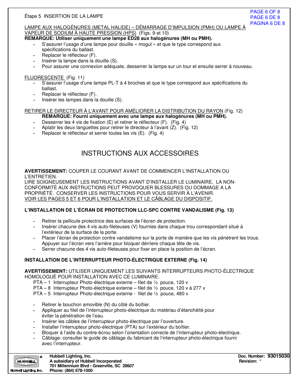 Instructions aux accessoires | Spaulding Lighting Laredo LLC User Manual | Page 6 / 8