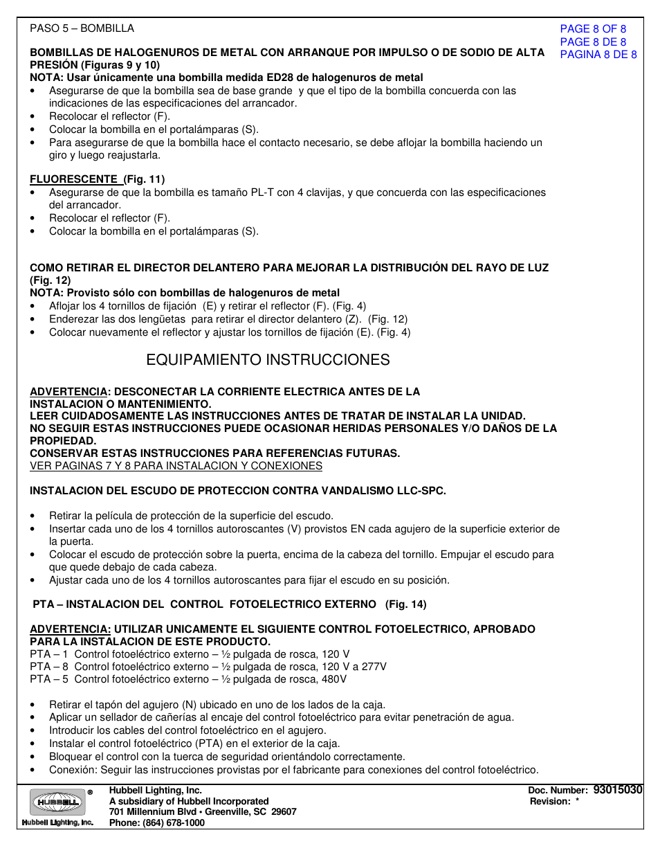 Equipamiento instrucciones | Spaulding Lighting Laredo LLC User Manual | Page 8 / 8