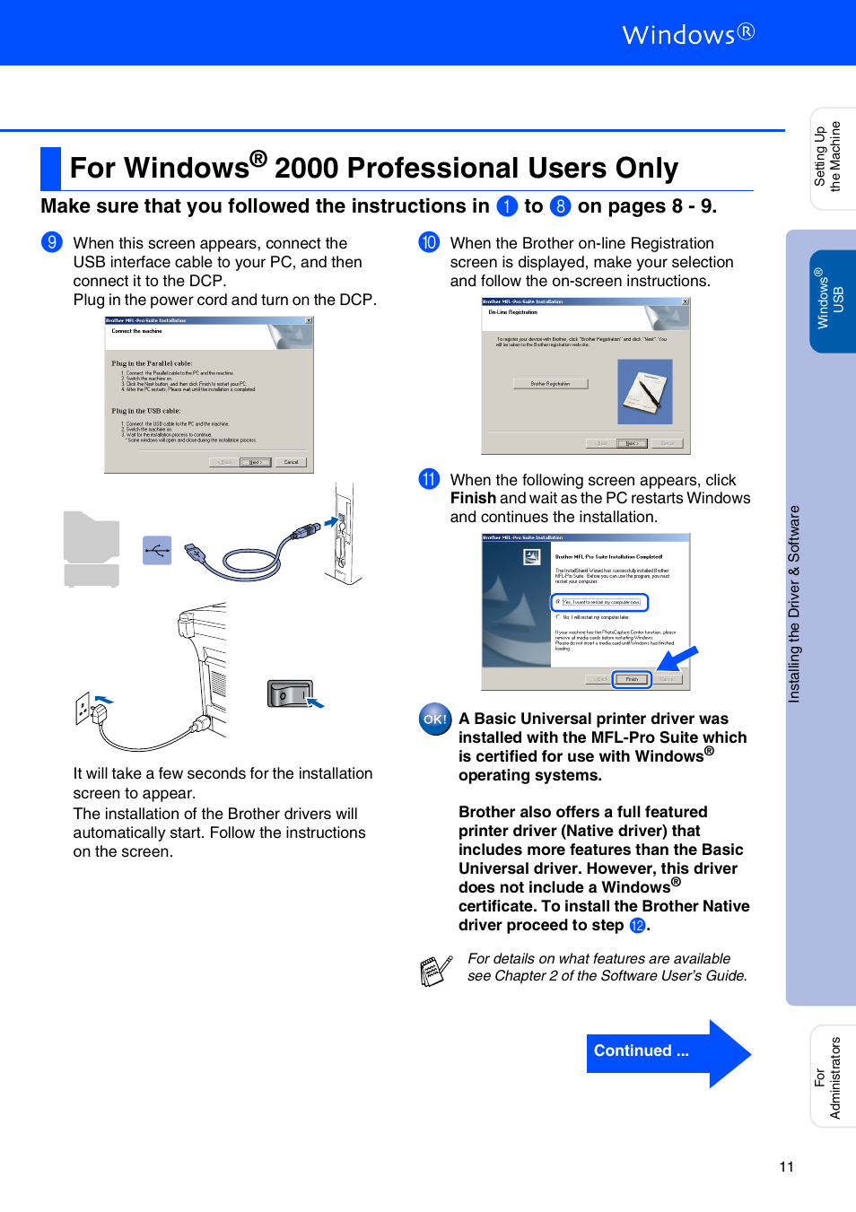 For windows® 2000 professional users only, For windows, 2000 professional users only | Windows, 2000 professional users, Make sure that you followed the instructions in, On pages 8 - 9 | Brother DCP-8040 User Manual | Page 14 / 48