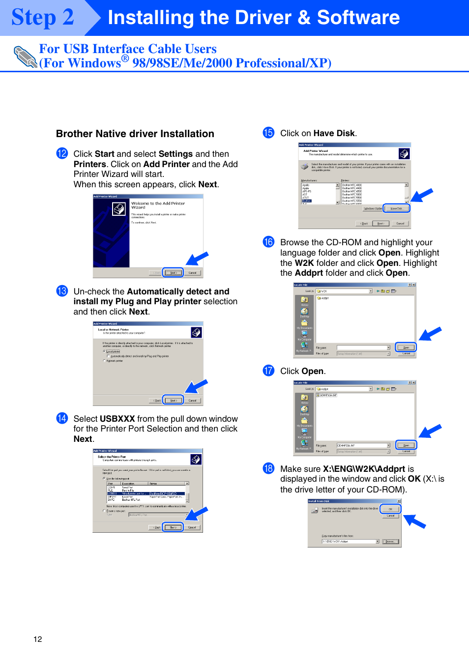Step 2, Installing the driver & software, For usb interface cable users (for windows | Brother DCP-8040 User Manual | Page 15 / 48