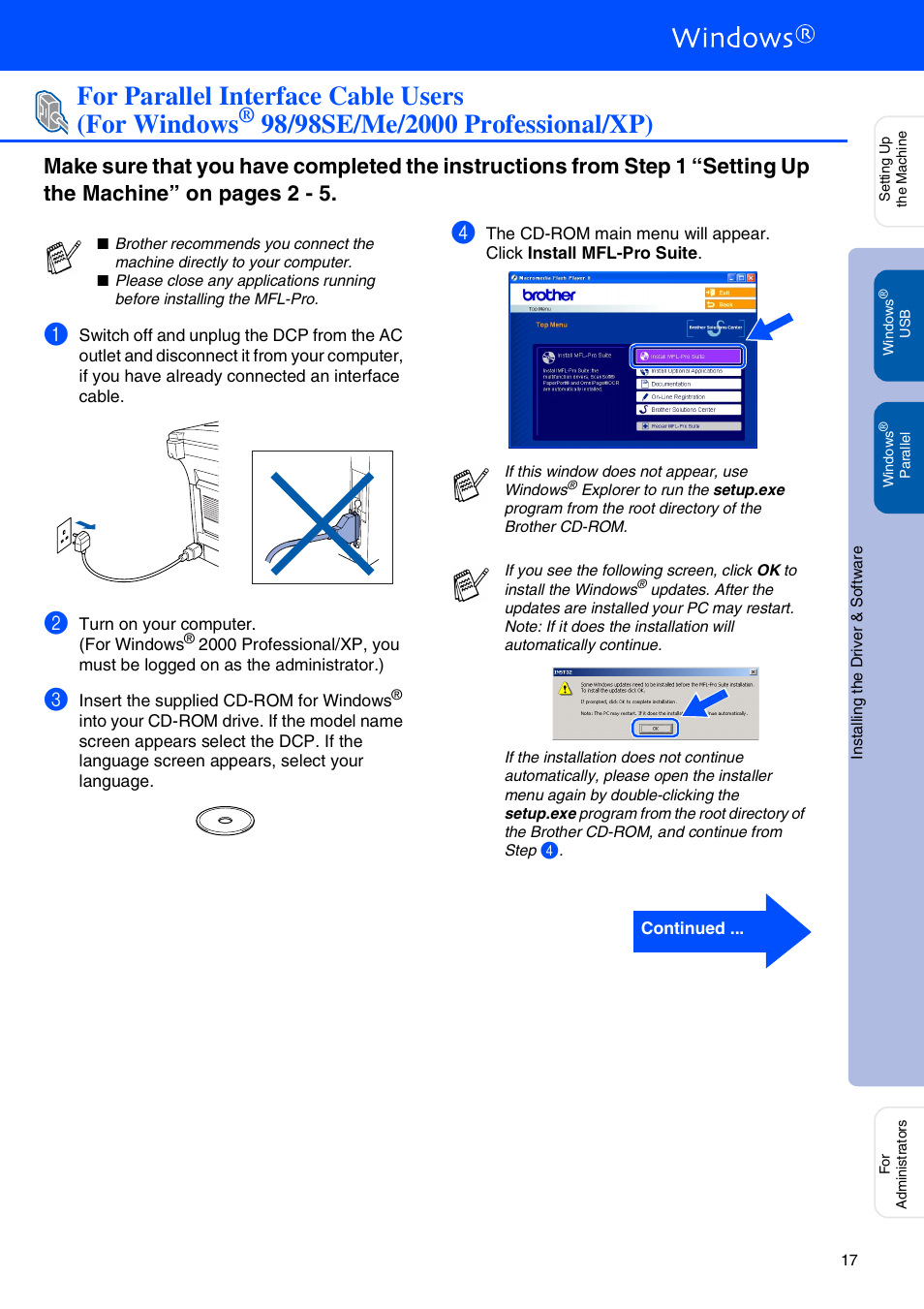 For parallel interface cable users (for windows, 98/98se/me/2000 professional/xp) | Brother DCP-8040 User Manual | Page 20 / 48