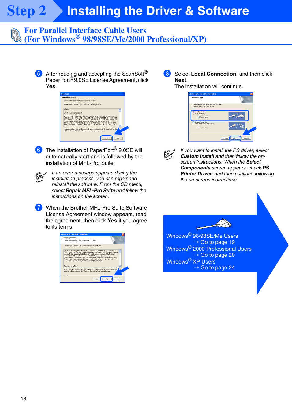 Step 2, Installing the driver & software, For parallel interface cable users (for windows | Brother DCP-8040 User Manual | Page 21 / 48