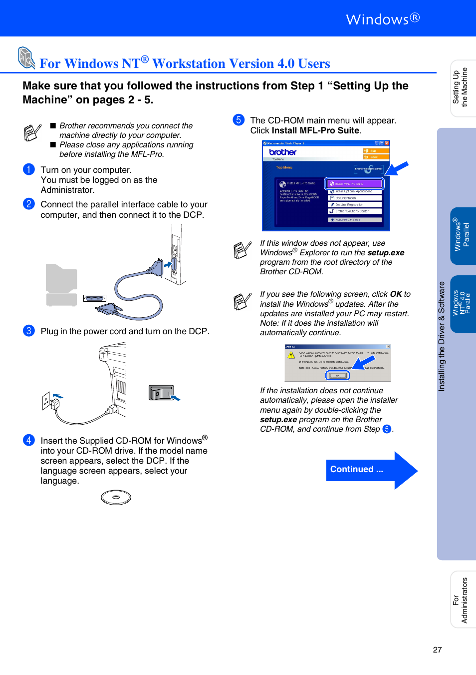 For windows nt® workstation version 4.0 users, For windows nt, Workstation version 4.0 users | Windows nt, For parallel interface cable users) | Brother DCP-8040 User Manual | Page 30 / 48