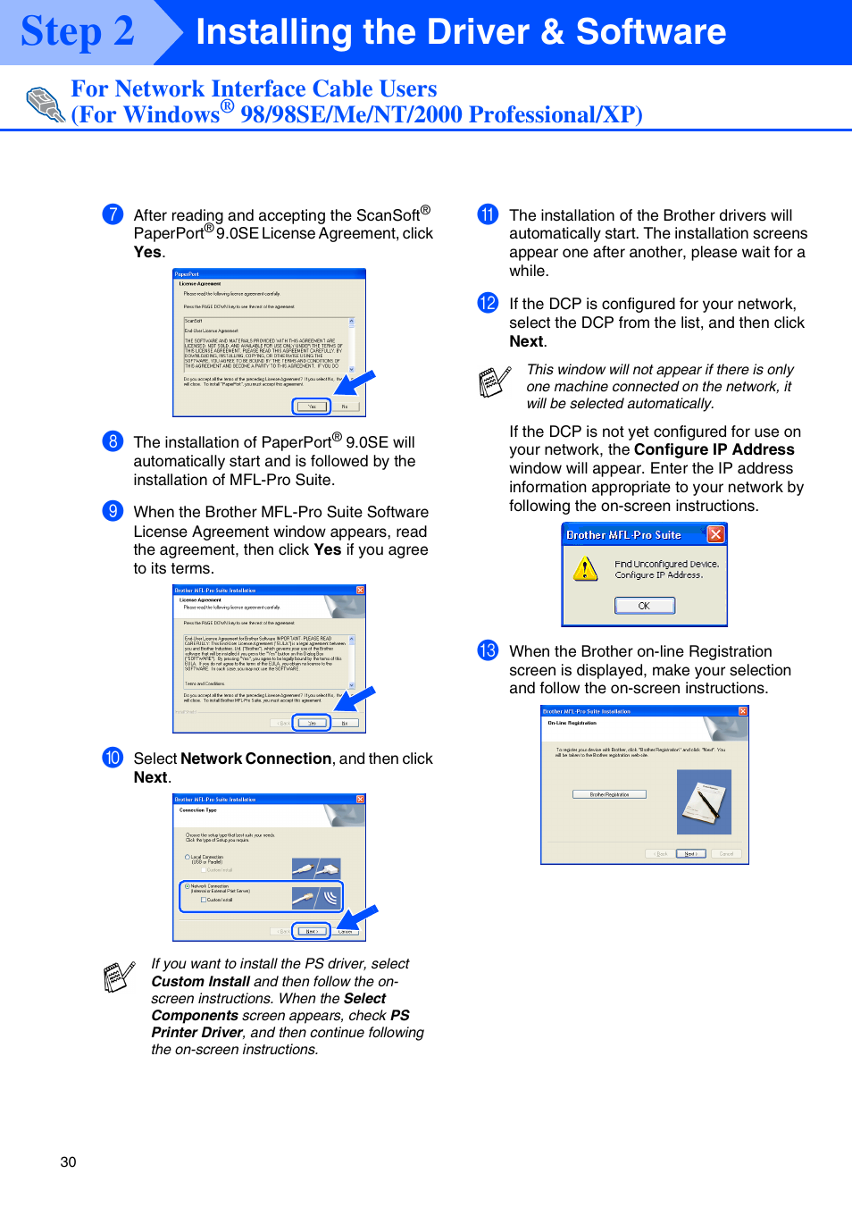 Step 2, Installing the driver & software, For network interface cable users (for windows | Brother DCP-8040 User Manual | Page 33 / 48