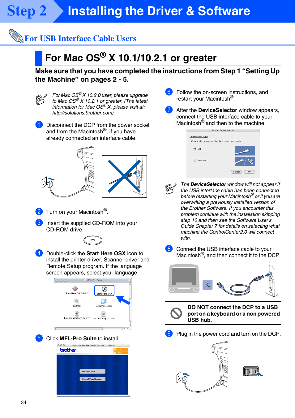 For mac os® x 10.1/10.2.1 or greater, For mac os, X 10.1/10.2.1 or greater | Step 2, Installing the driver & software, For usb interface cable users | Brother DCP-8040 User Manual | Page 37 / 48