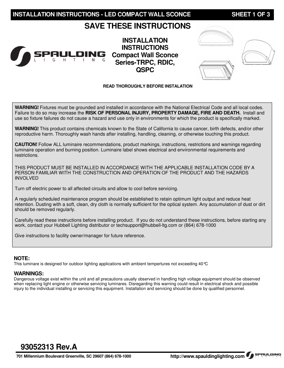 Spaulding Lighting TRPC LED User Manual | 3 pages