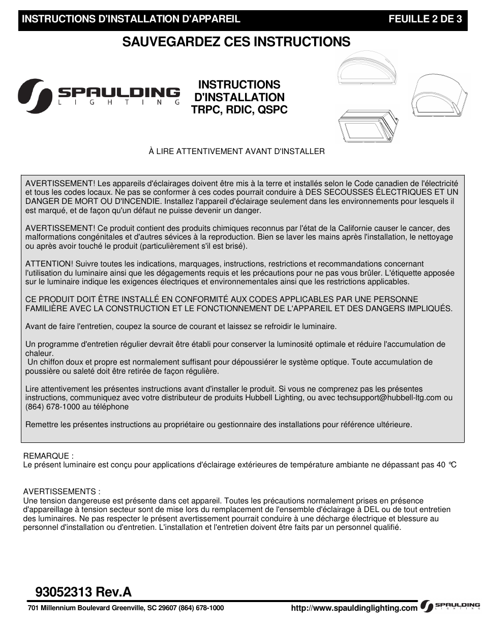 Instructions d'installation, Trpc, rdic, qspc | Spaulding Lighting TRPC LED User Manual | Page 2 / 3