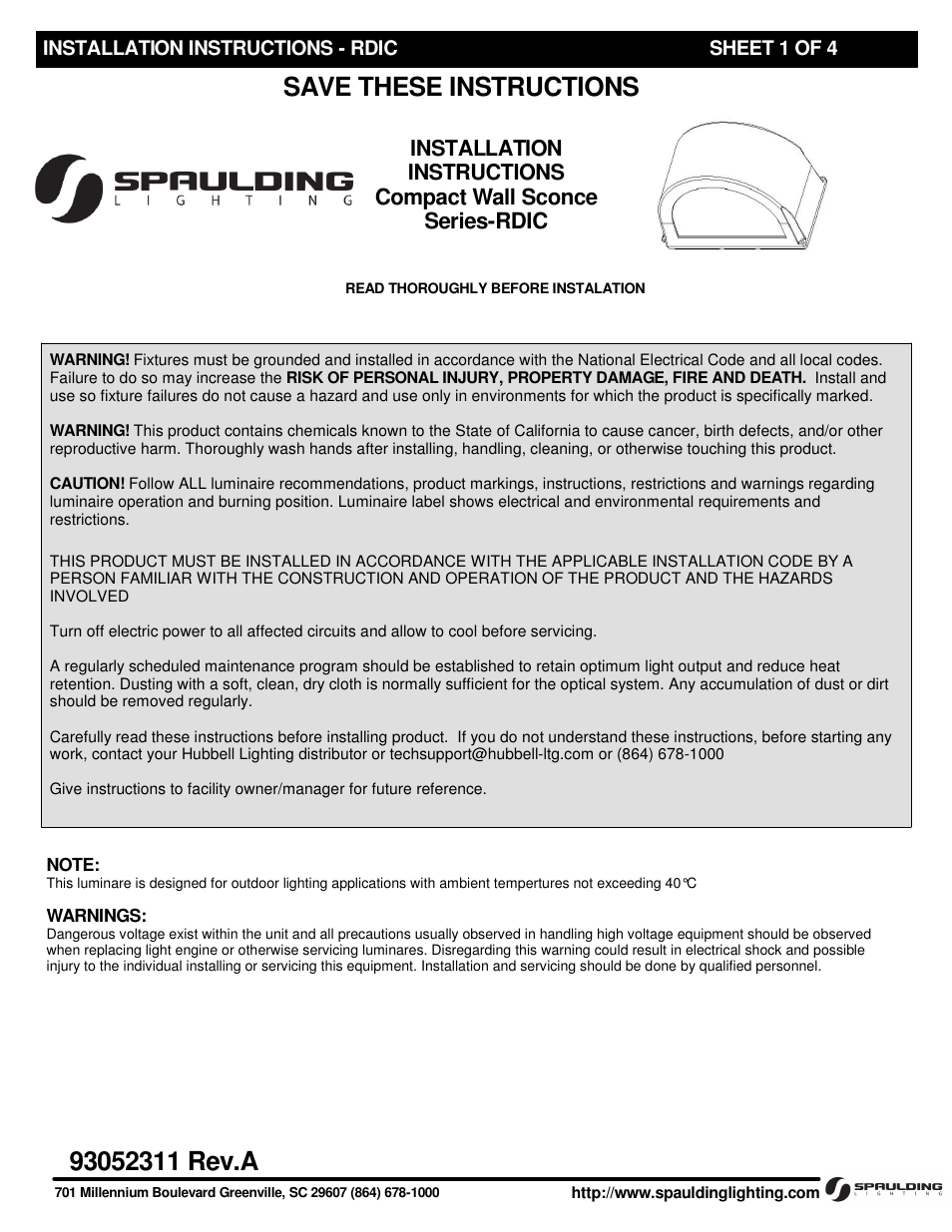Spaulding Lighting RDIC with BOC User Manual | 4 pages