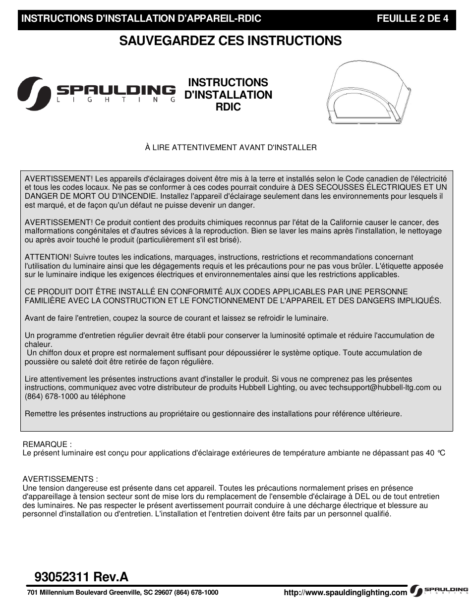 Instructions d'installation, Rdic | Spaulding Lighting RDIC with BOC User Manual | Page 2 / 4