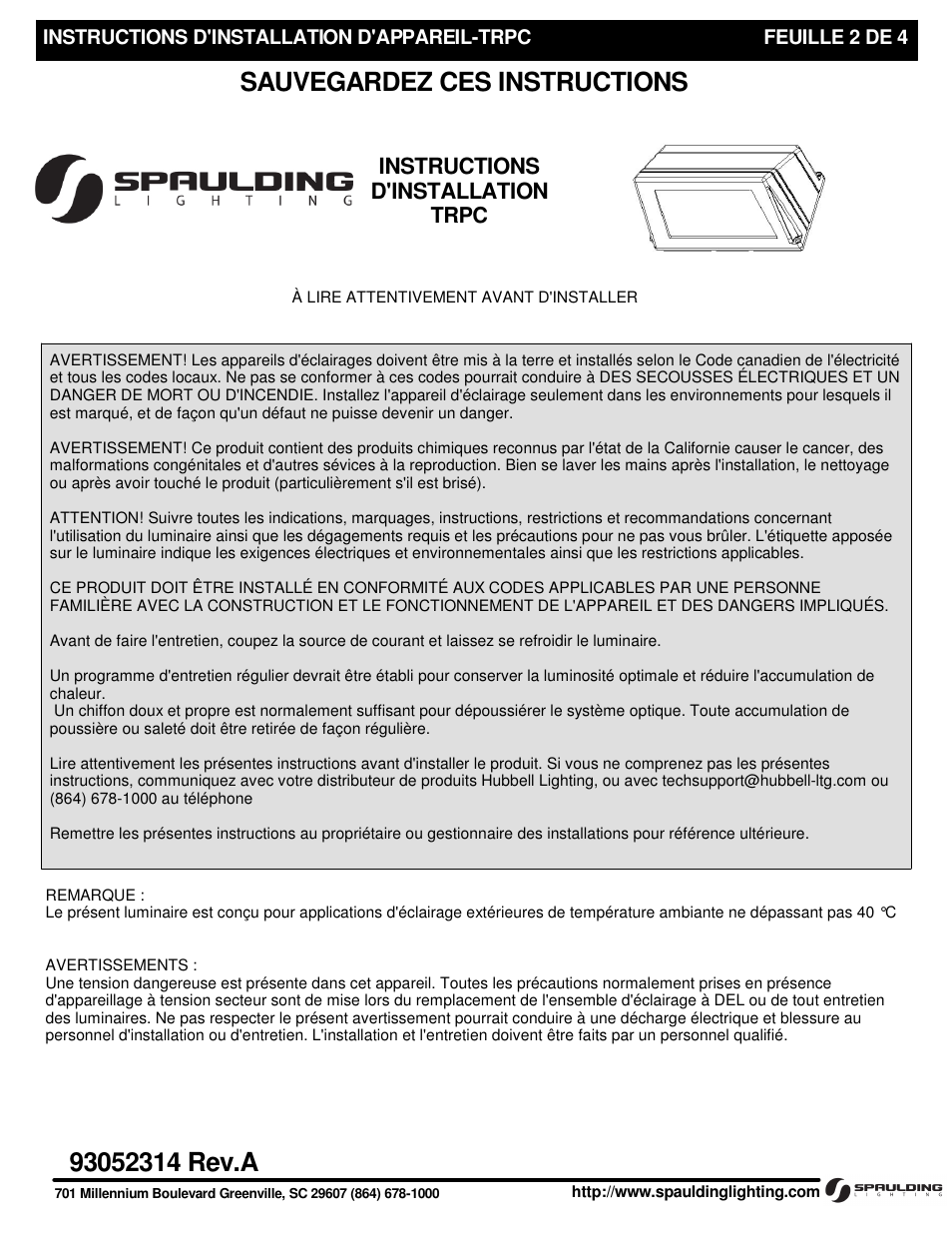 Instructions d'installation, Trpc | Spaulding Lighting TRPC with BOC User Manual | Page 2 / 4