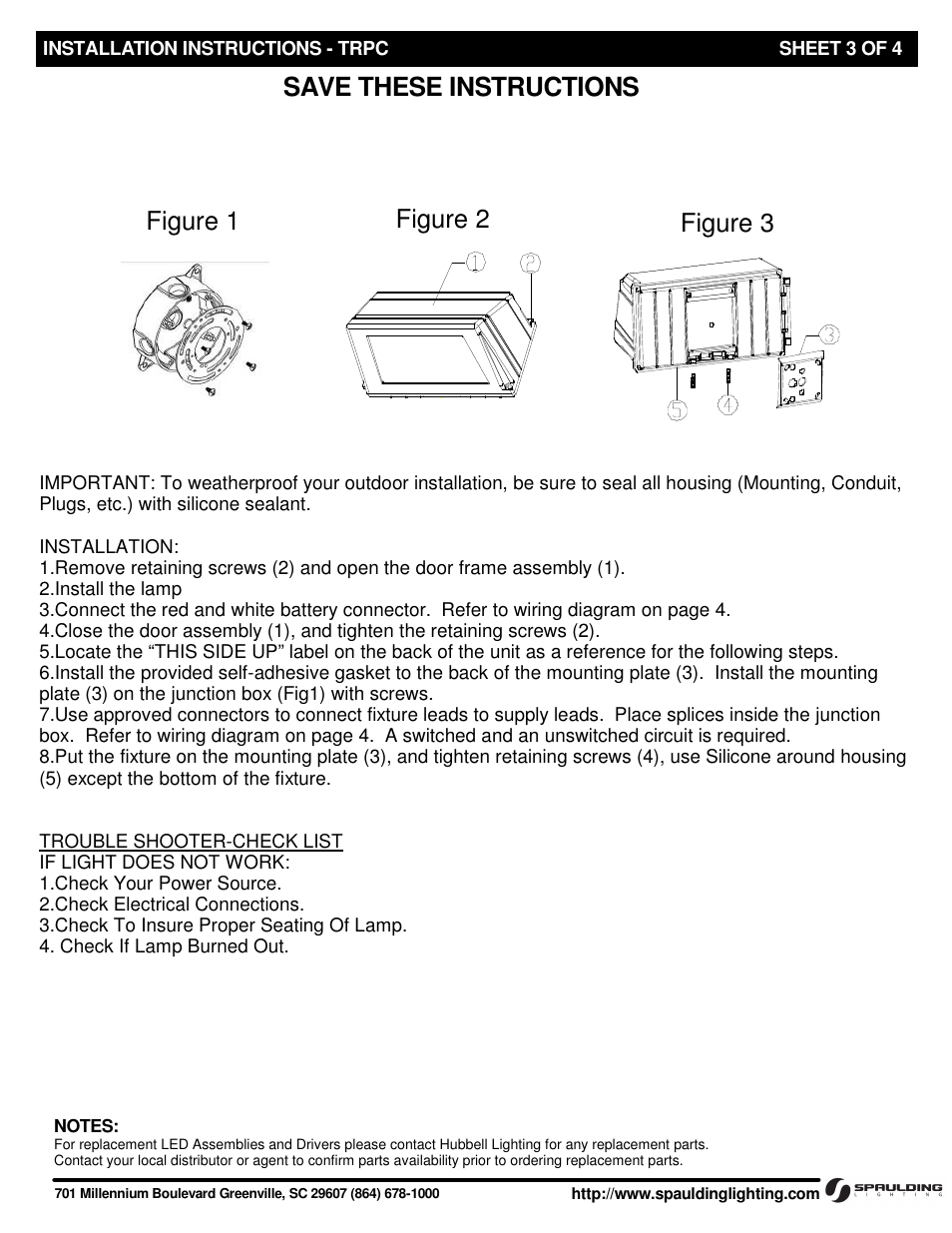 Save these instructions, Figure 1 figure 2 figure 3 | Spaulding Lighting TRPC with BOC User Manual | Page 3 / 4