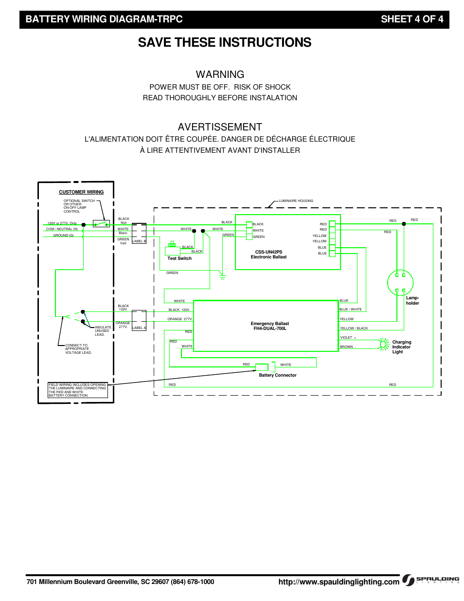 Save these instructions, Battery wiring diagram-trpc sheet 4 of 4 warning, Avertissement | Spaulding Lighting TRPC with BOC User Manual | Page 4 / 4