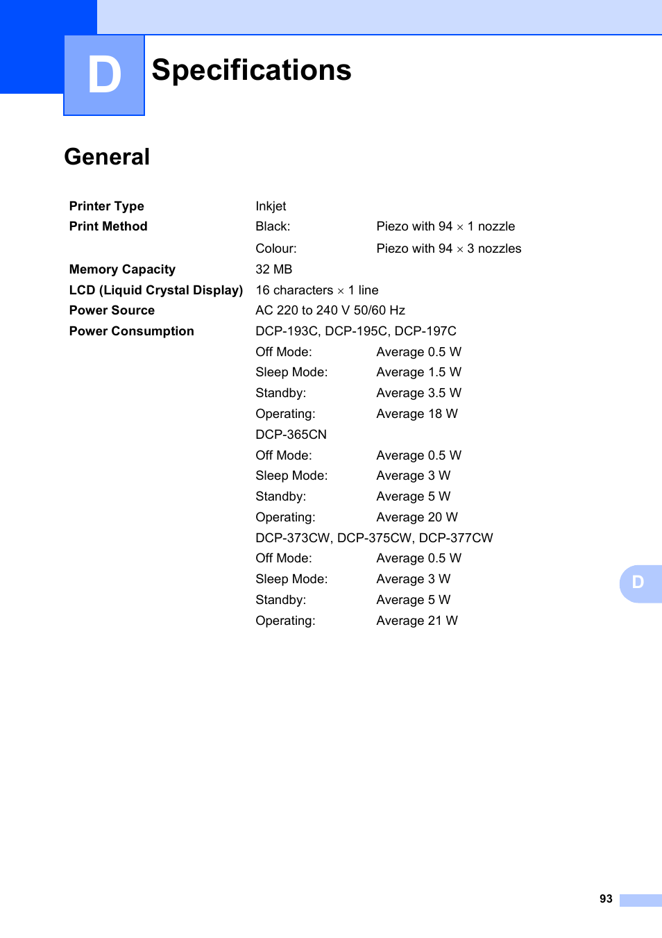 Specifications, General | Brother DCP-195C User Manual | Page 101 / 117