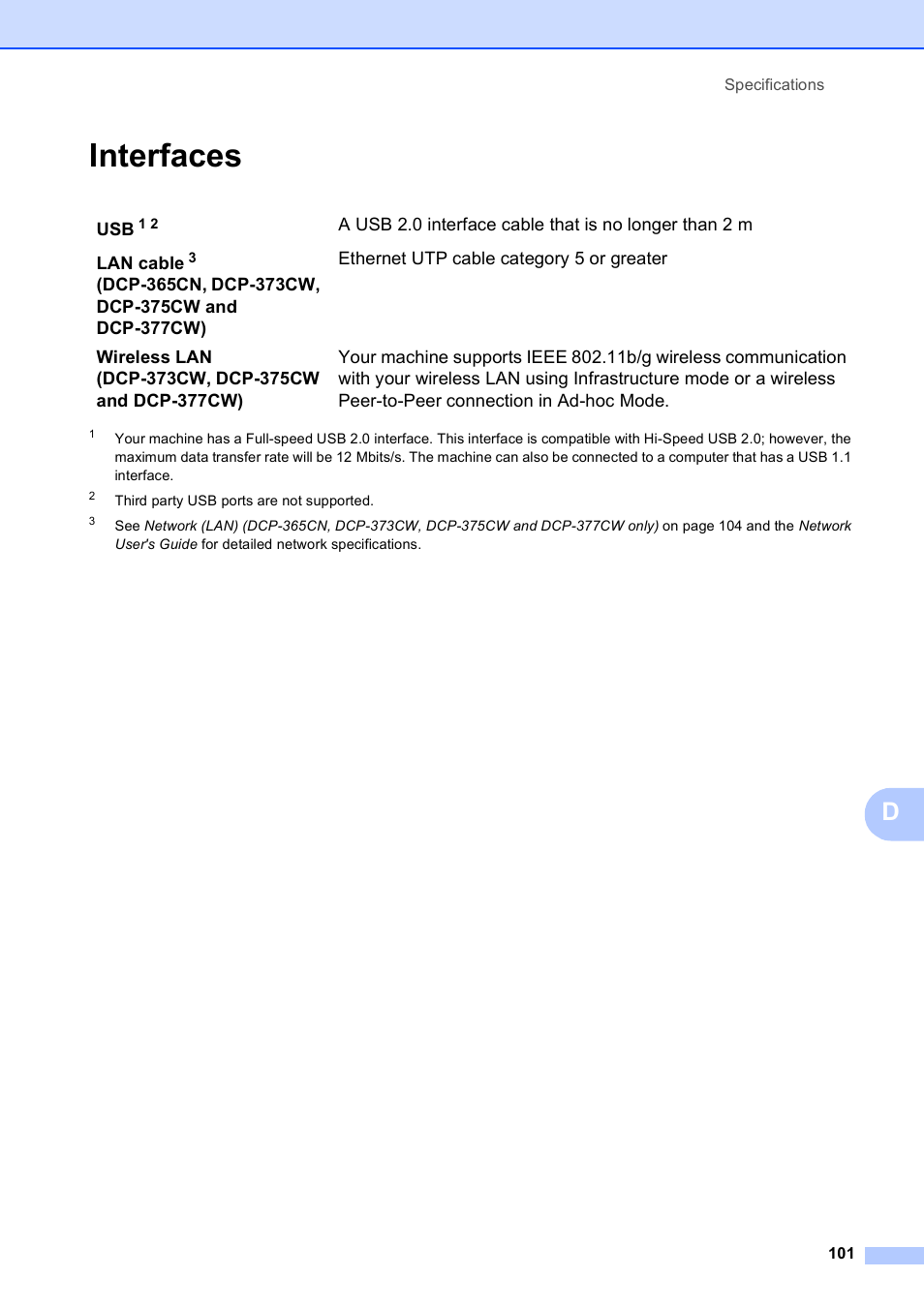 Interfaces | Brother DCP-195C User Manual | Page 109 / 117