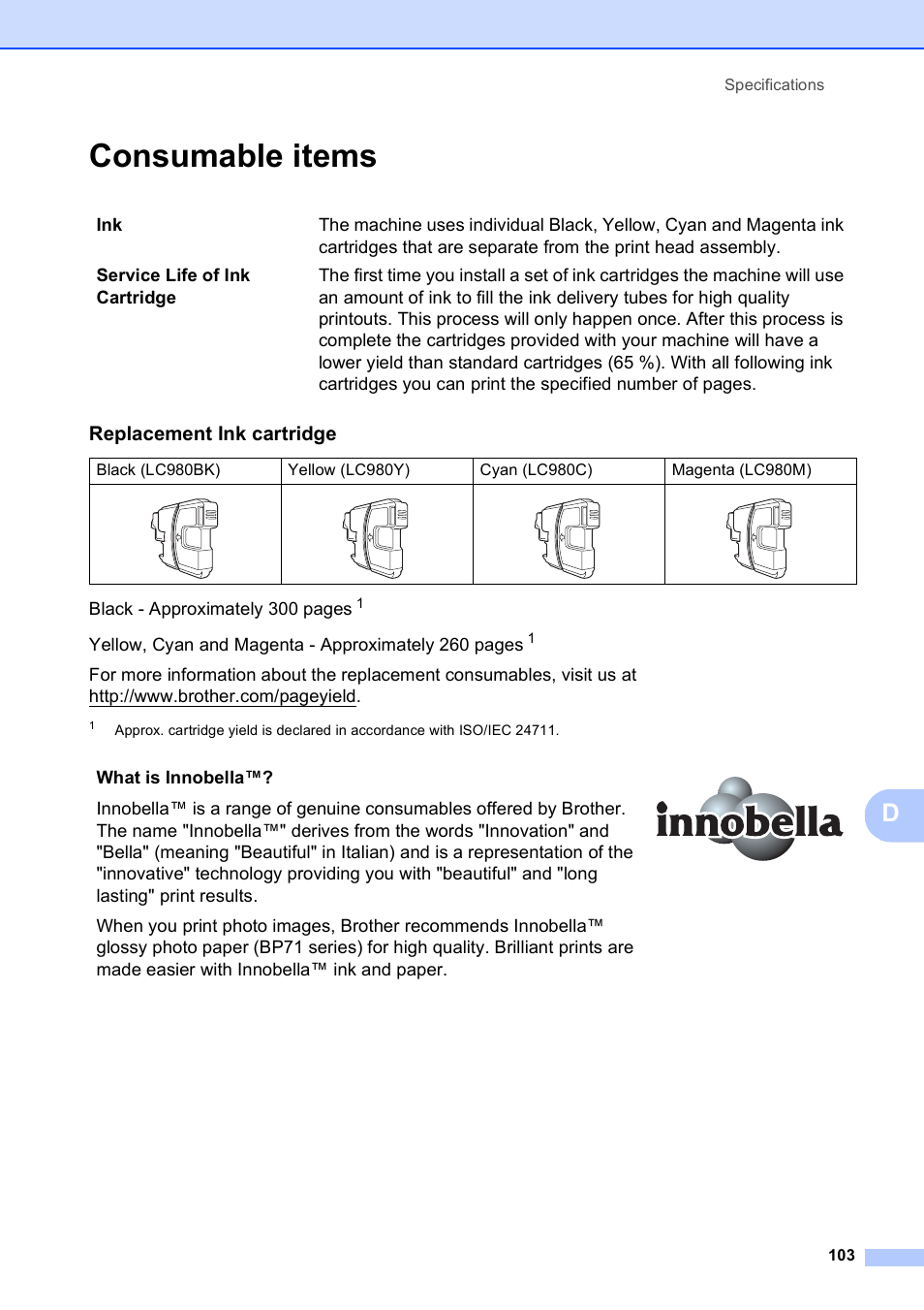 Consumable items, Replacement ink cartridge | Brother DCP-195C User Manual | Page 111 / 117