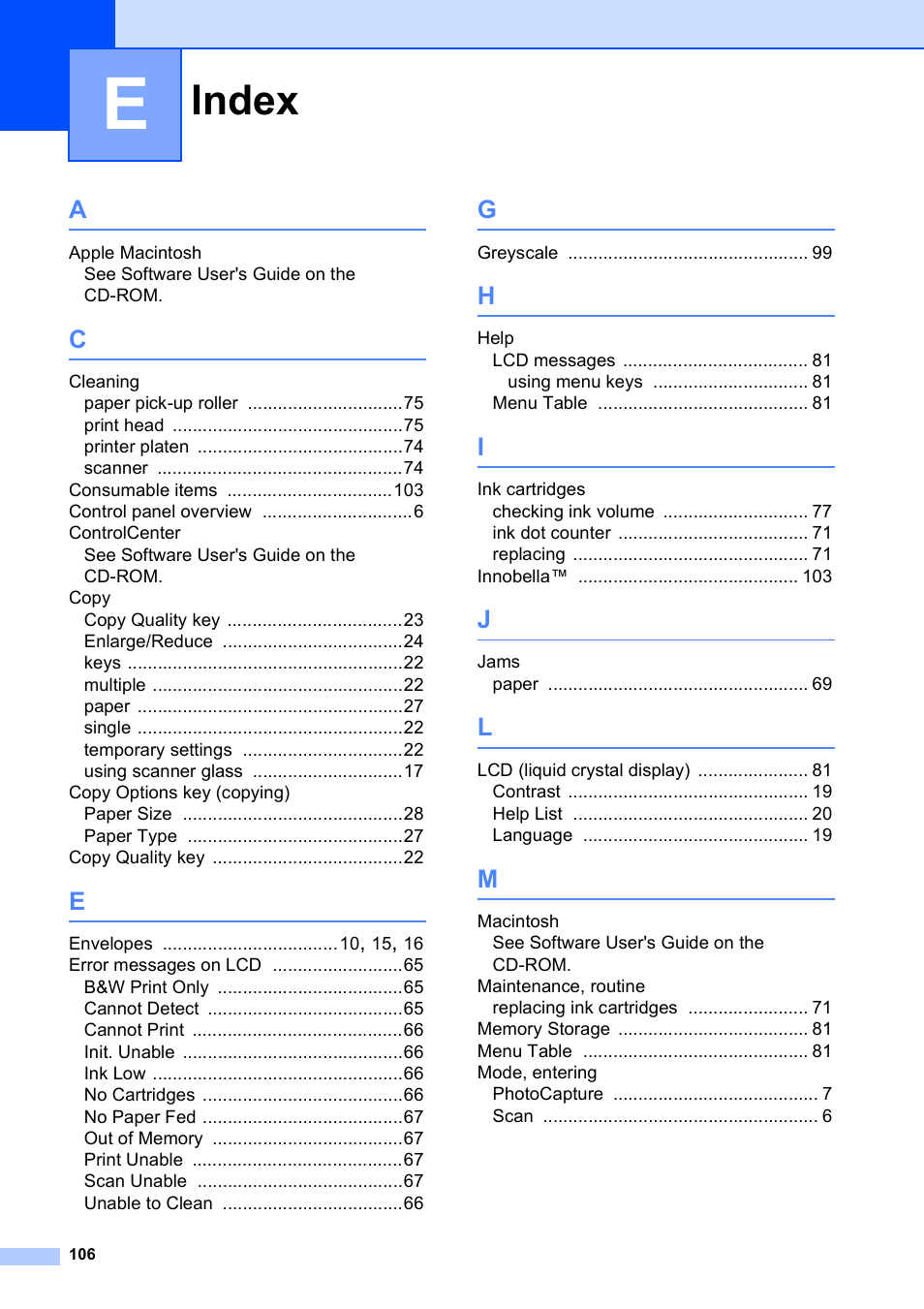 Index | Brother DCP-195C User Manual | Page 114 / 117