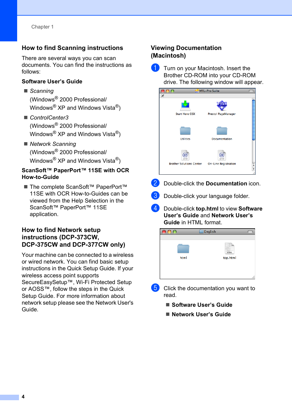 How to find scanning instructions, Viewing documentation (macintosh) | Brother DCP-195C User Manual | Page 12 / 117