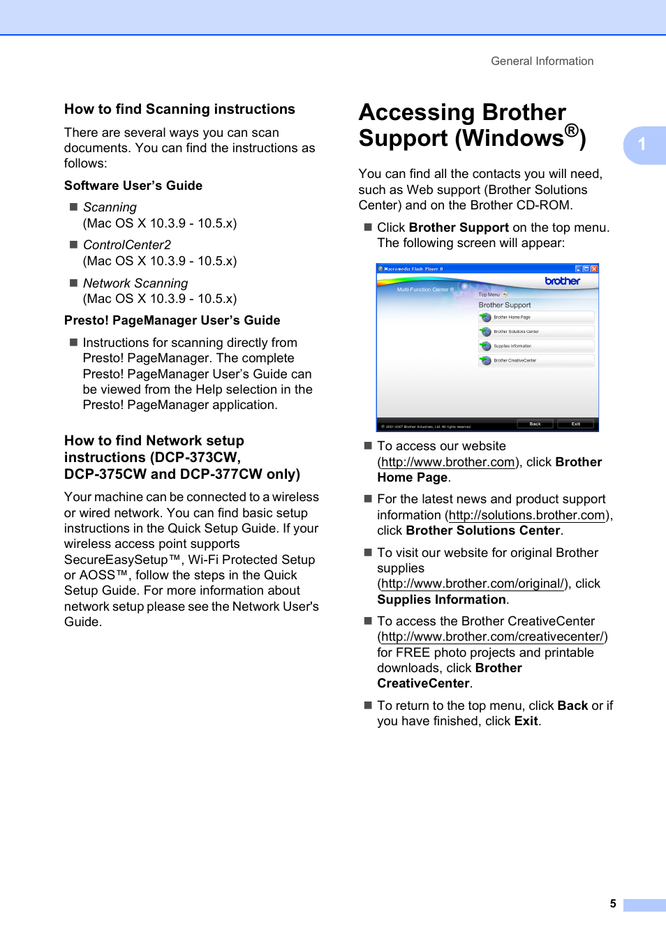 How to find scanning instructions, Accessing brother support (windows®), Accessing brother support (windows | Brother DCP-195C User Manual | Page 13 / 117