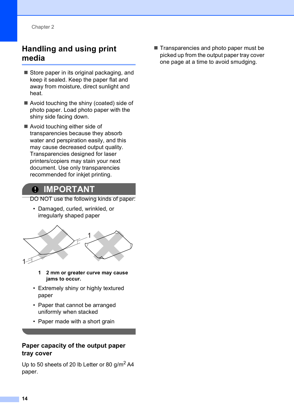 Handling and using print media, Paper capacity of the output paper tray cover, Important | Brother DCP-195C User Manual | Page 22 / 117