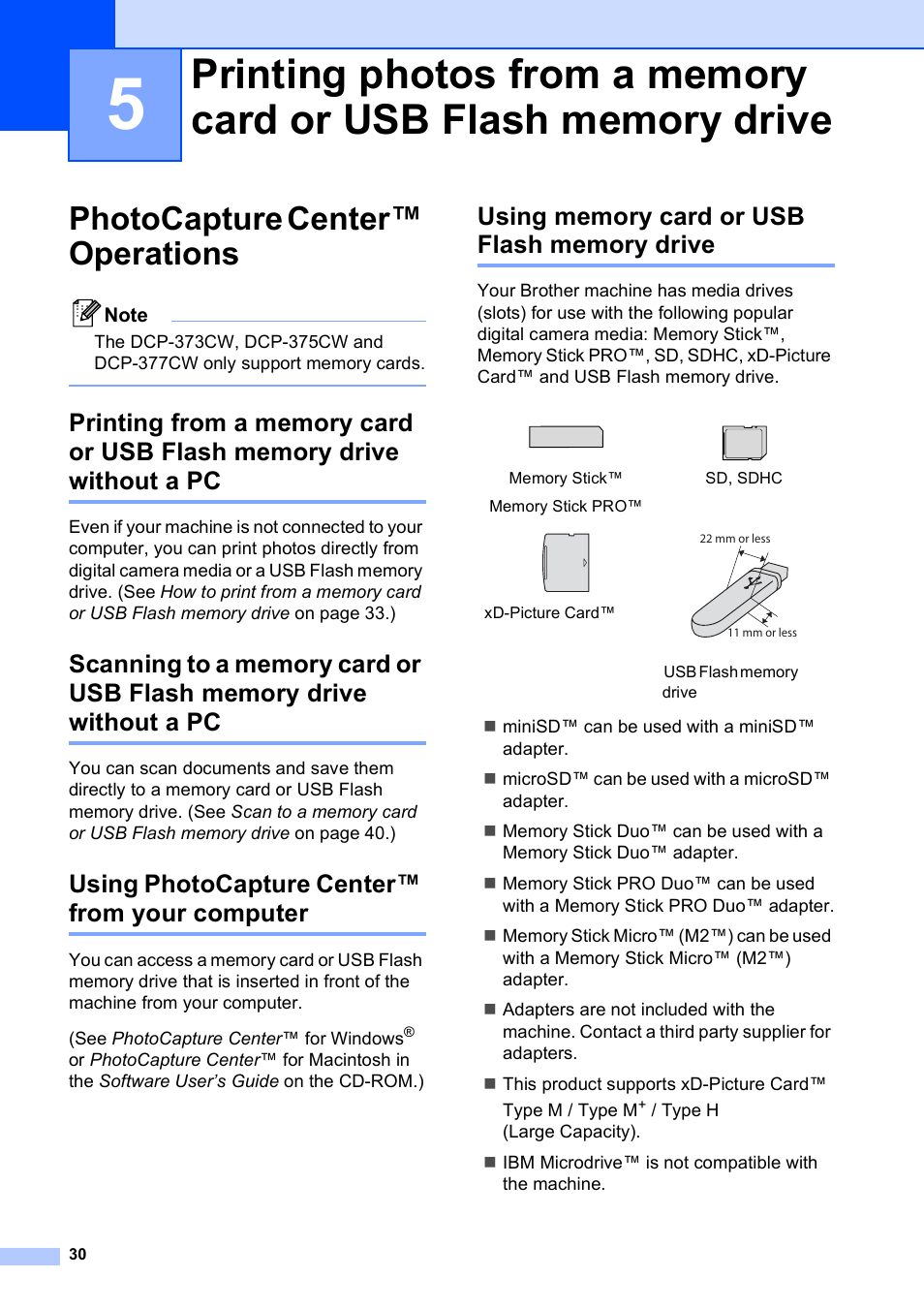 Photocapture center™ operations, Using photocapture center™ from your computer, Using memory card or usb flash memory drive | Brother DCP-195C User Manual | Page 38 / 117