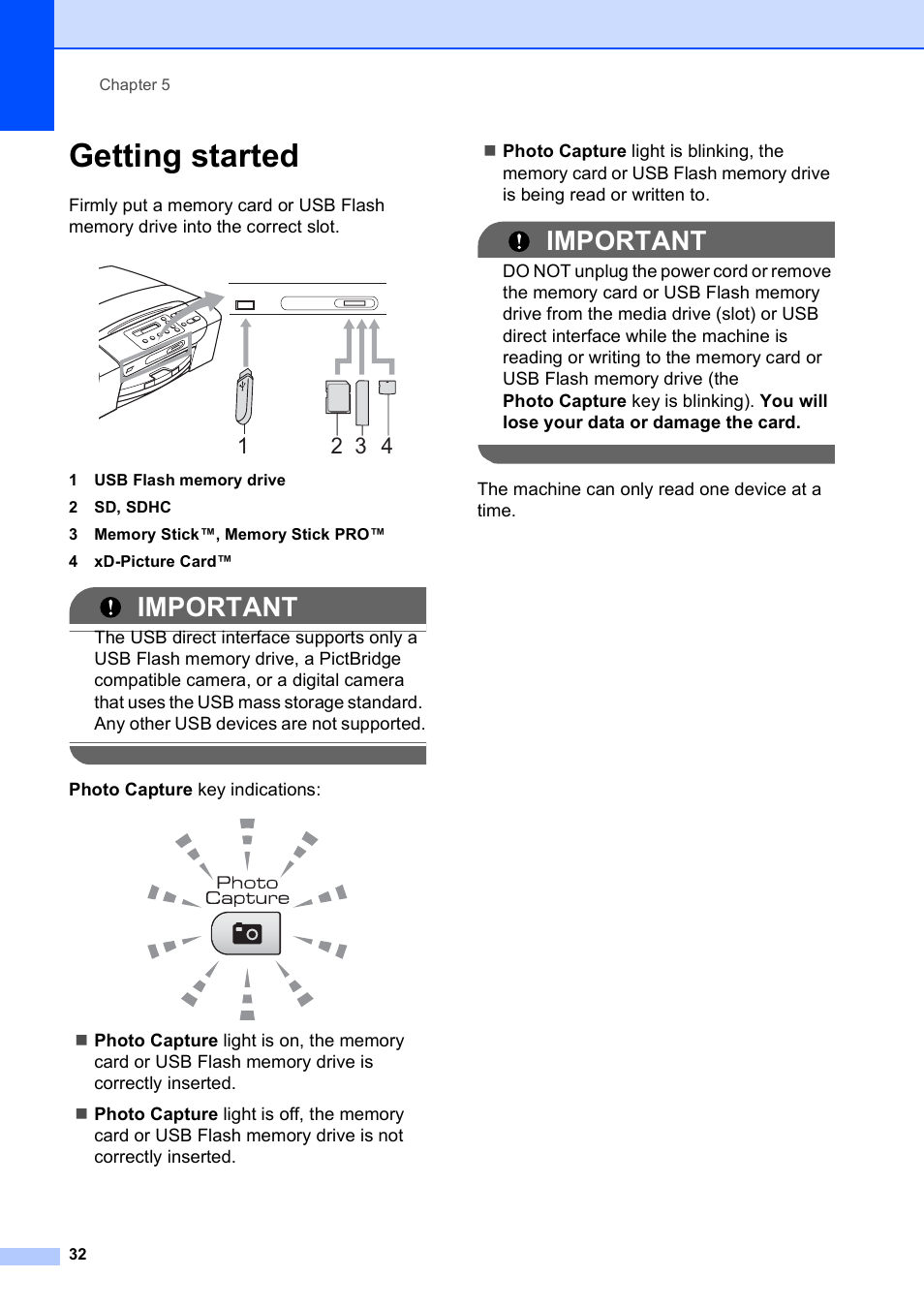 Getting started, Important | Brother DCP-195C User Manual | Page 40 / 117
