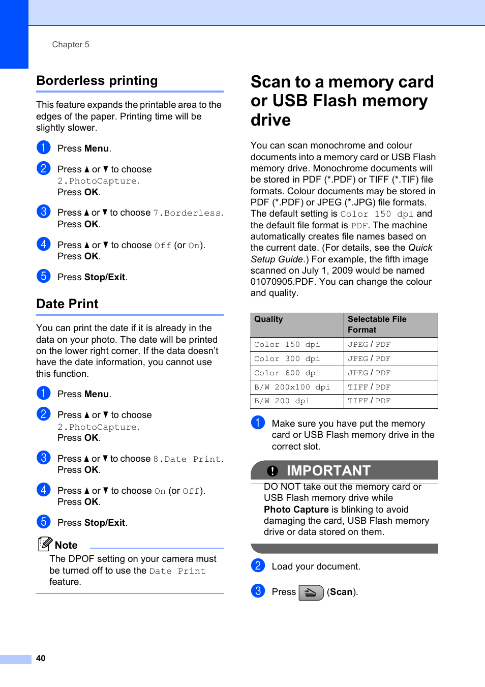 Borderless printing, Date print, Scan to a memory card or usb flash memory drive | Borderless printing date print, Important | Brother DCP-195C User Manual | Page 48 / 117