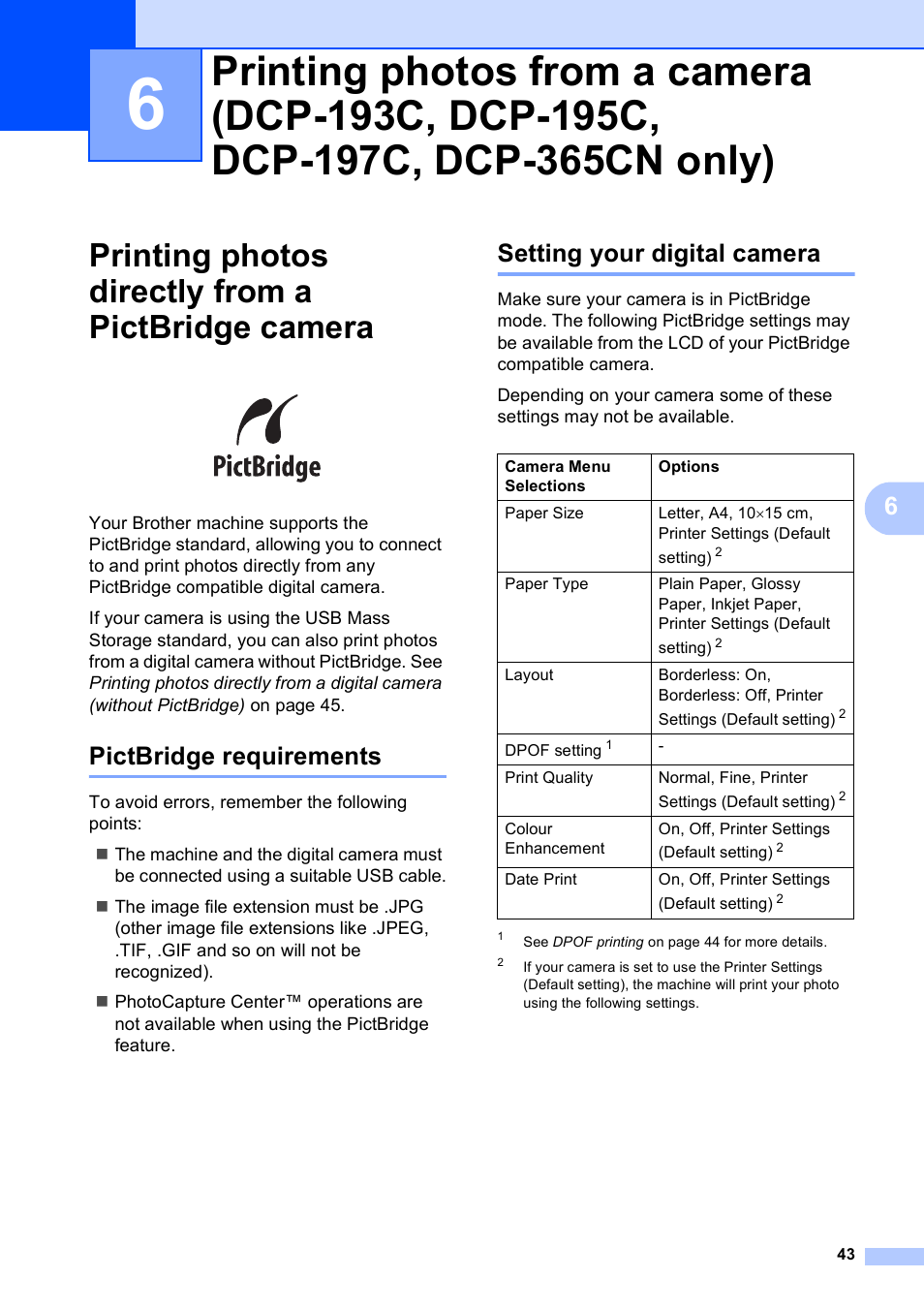 Printing photos directly from a pictbridge camera, Pictbridge requirements, Setting your digital camera | Brother DCP-195C User Manual | Page 51 / 117
