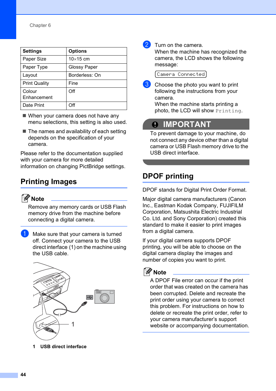 Printing images, Dpof printing, Printing images dpof printing | Important | Brother DCP-195C User Manual | Page 52 / 117