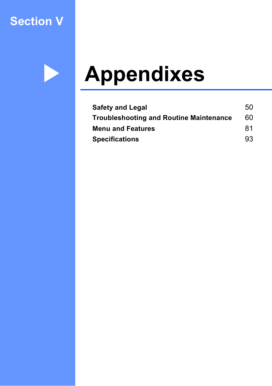 Section v: appendixes, Section v appendixes, Appendixes | Brother DCP-195C User Manual | Page 57 / 117