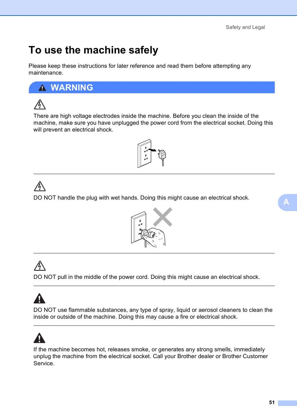 To use the machine safely, Warning, Safety and legal 51 | Brother DCP-195C User Manual | Page 59 / 117