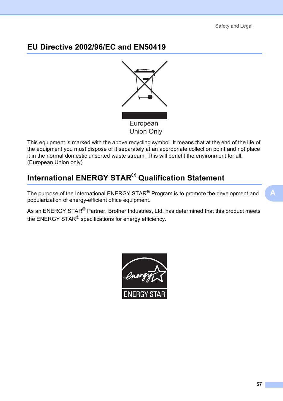 Eu directive 2002/96/ec and en50419, International energy star® qualification statement, Qualification statement | International energy star, European union only | Brother DCP-195C User Manual | Page 65 / 117