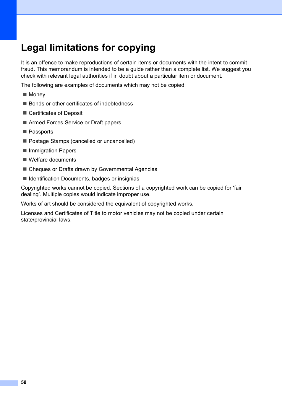 Legal limitations for copying | Brother DCP-195C User Manual | Page 66 / 117