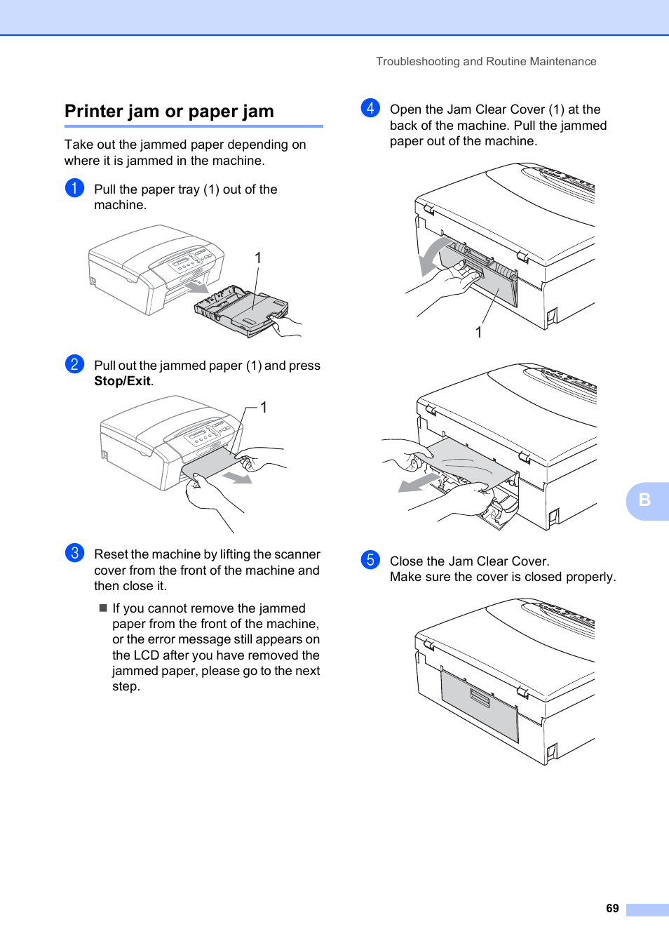 Printer jam or paper jam, Bprinter jam or paper jam | Brother DCP-195C User Manual | Page 77 / 117