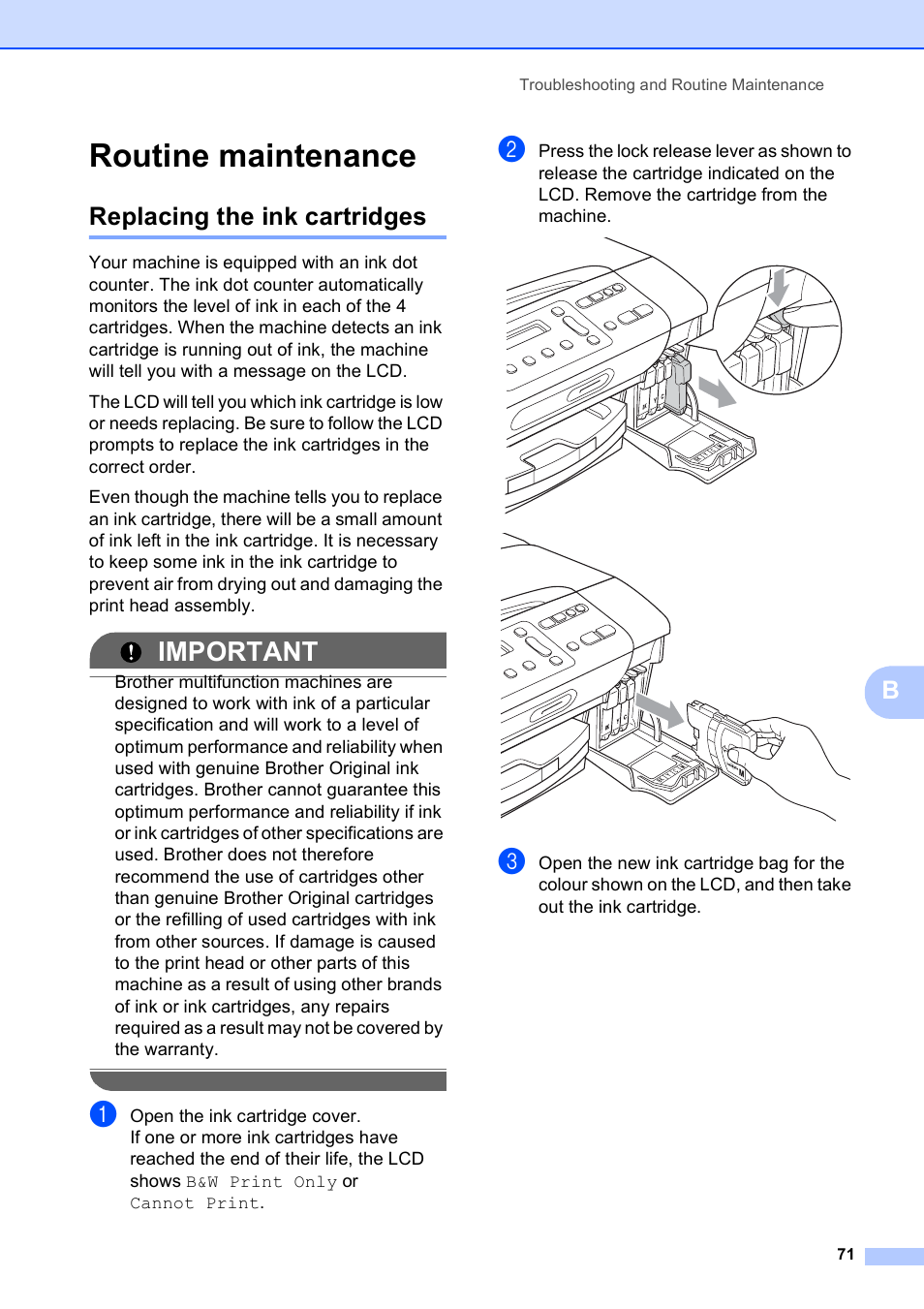 Routine maintenance, Replacing the ink cartridges, Important | Brother DCP-195C User Manual | Page 79 / 117