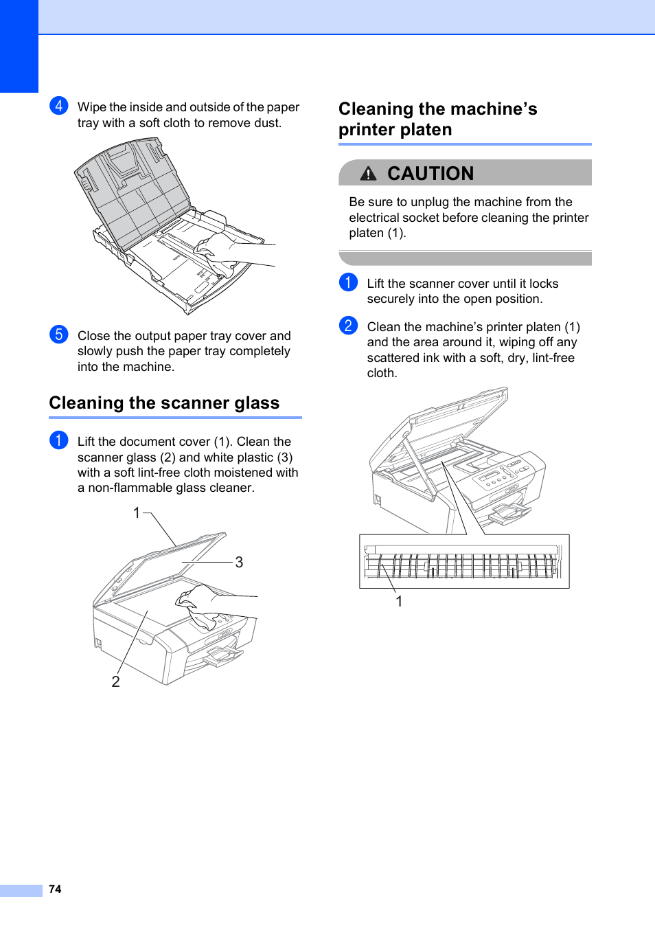 Cleaning the scanner glass, Cleaning the machine’s printer platen, Caution | Brother DCP-195C User Manual | Page 82 / 117