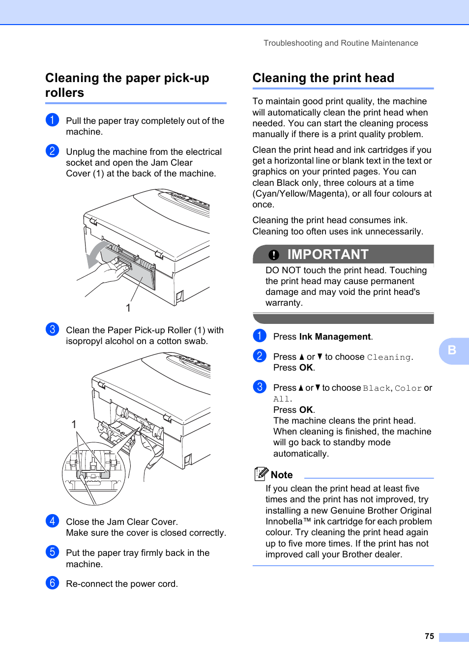 Cleaning the paper pick-up rollers, Cleaning the print head, Important | Bcleaning the paper pick-up rollers | Brother DCP-195C User Manual | Page 83 / 117