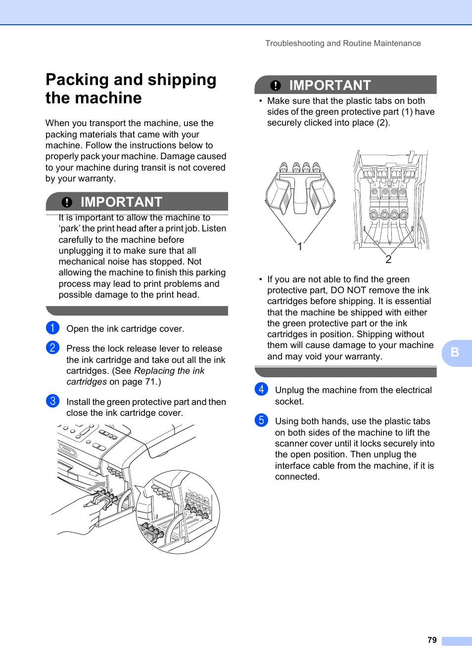 Packing and shipping the machine, Important | Brother DCP-195C User Manual | Page 87 / 117