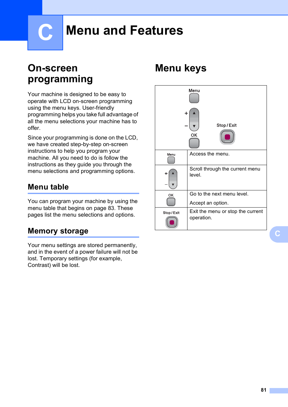Menu and features, On-screen programming, Menu table | Memory storage, Menu keys, Menu table memory storage | Brother DCP-195C User Manual | Page 89 / 117
