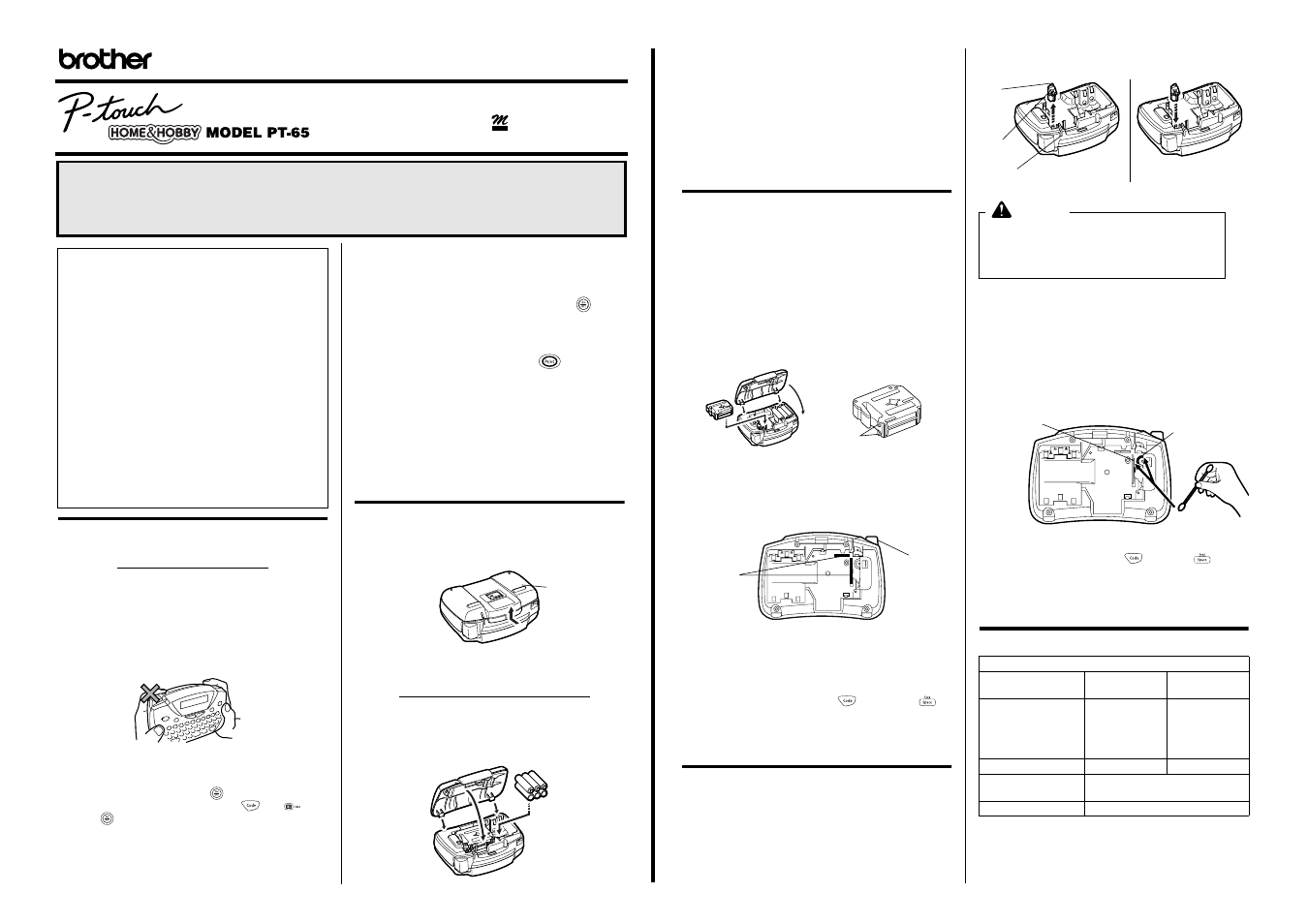 Changing the tape cassette, Changing the cutter unit, Cleaning the print head | Accessories, Care and precautions, How to make a label, Changing the batteries | Brother P-TOUCH PT-65 User Manual | Page 2 / 4