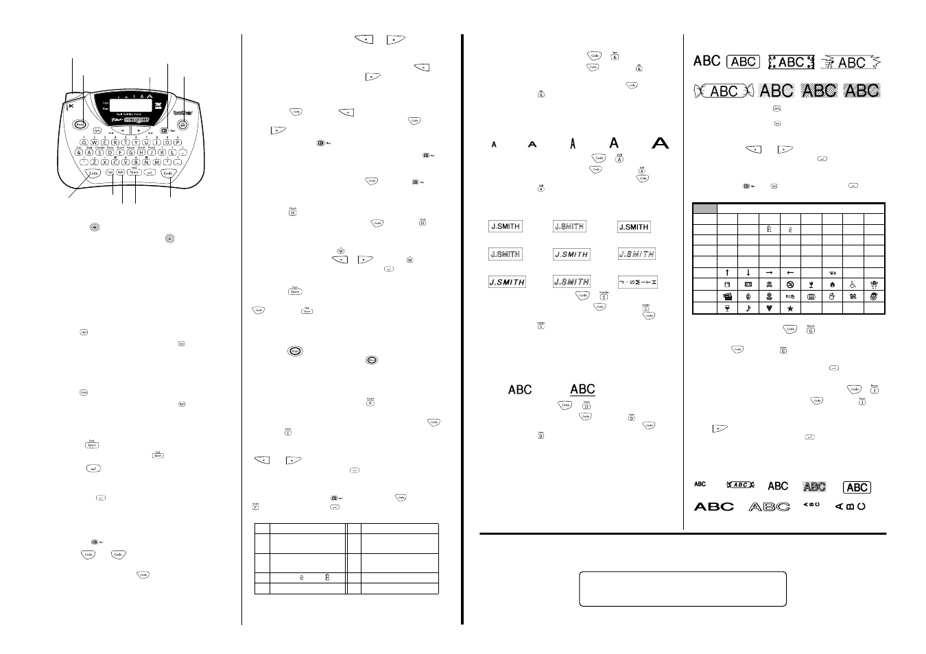 Function keys, On/off, Caps | Space, Return, Code, Cursor movement, Backspace, Text, Feed | Brother P-TOUCH PT-65 User Manual | Page 3 / 4