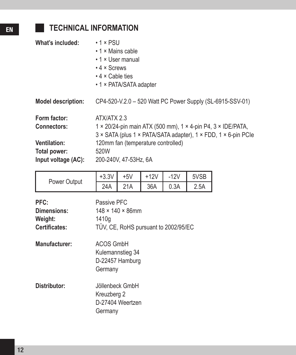 Technical information | SPEEDLINK SL-6915-SSV-01 PECOS 520W ATX Power Supply Unit User Manual | Page 12 / 42