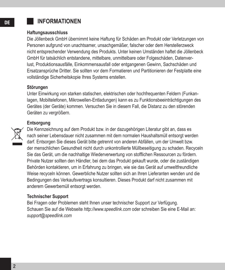 Informationen | SPEEDLINK SL-6915-SSV-01 PECOS 520W ATX Power Supply Unit User Manual | Page 2 / 42