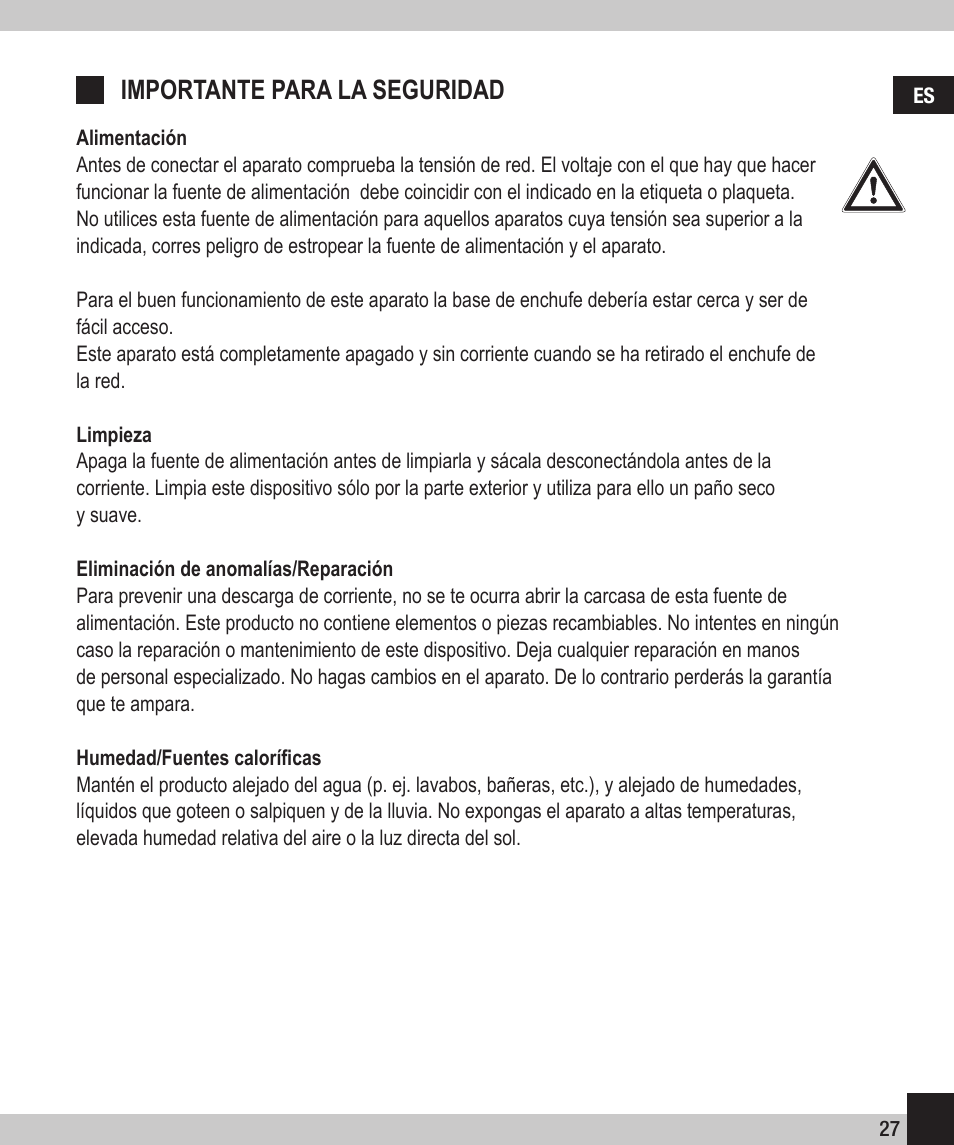 Importante para la seguridad | SPEEDLINK SL-6915-SSV-01 PECOS 520W ATX Power Supply Unit User Manual | Page 27 / 42