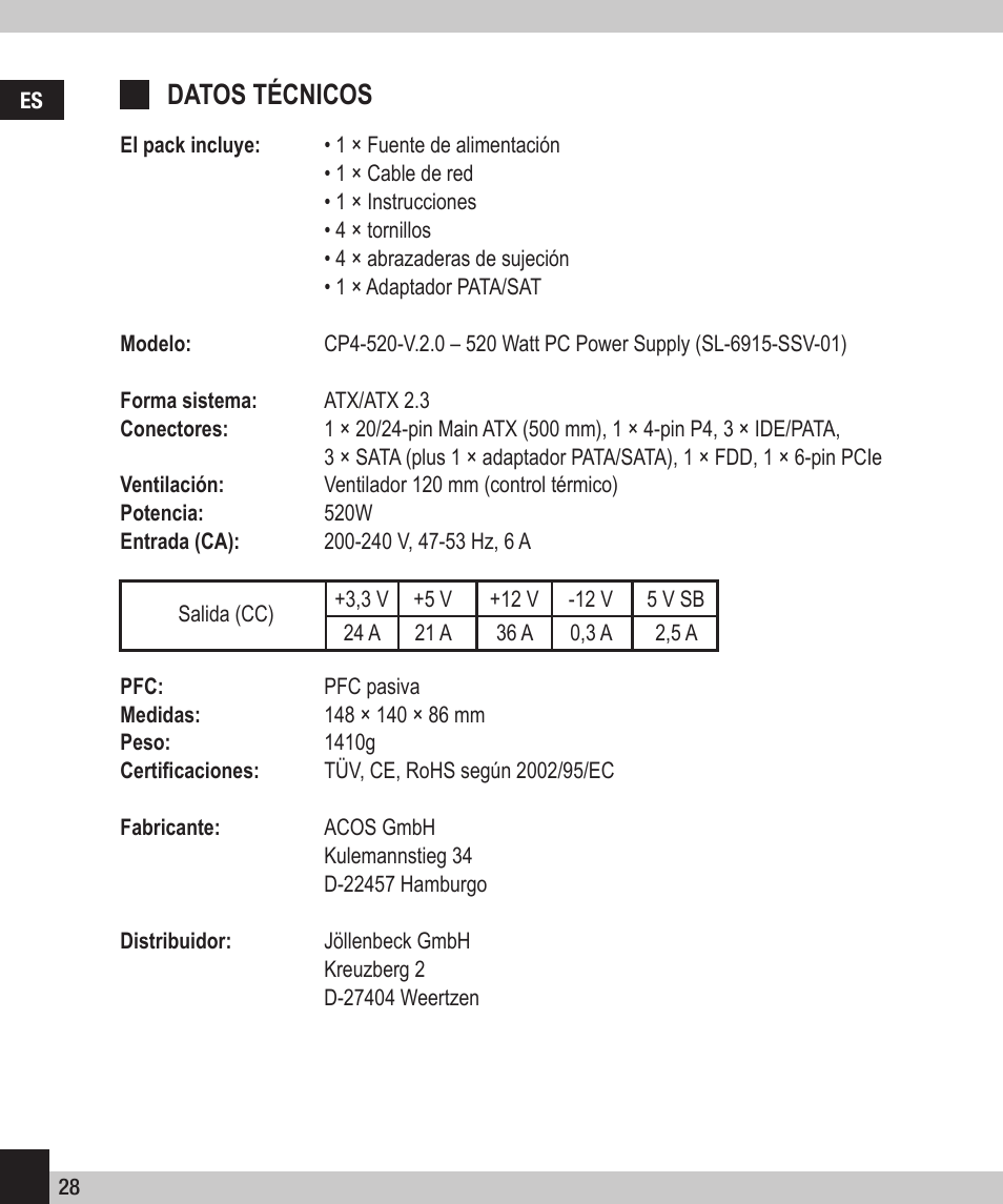 Datos técnicos | SPEEDLINK SL-6915-SSV-01 PECOS 520W ATX Power Supply Unit User Manual | Page 28 / 42