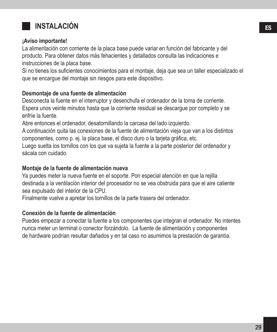 Instalación | SPEEDLINK SL-6915-SSV-01 PECOS 520W ATX Power Supply Unit User Manual | Page 29 / 42