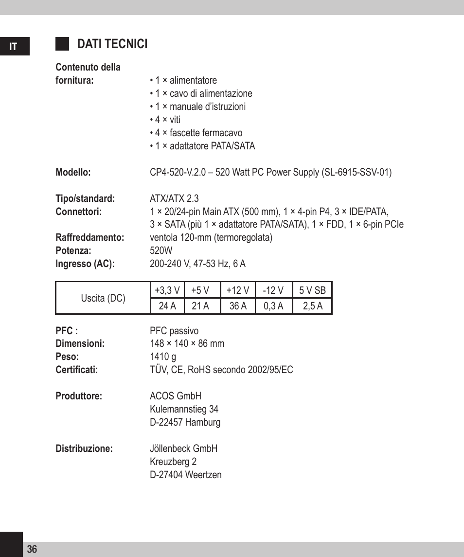 Dati tecnici | SPEEDLINK SL-6915-SSV-01 PECOS 520W ATX Power Supply Unit User Manual | Page 36 / 42